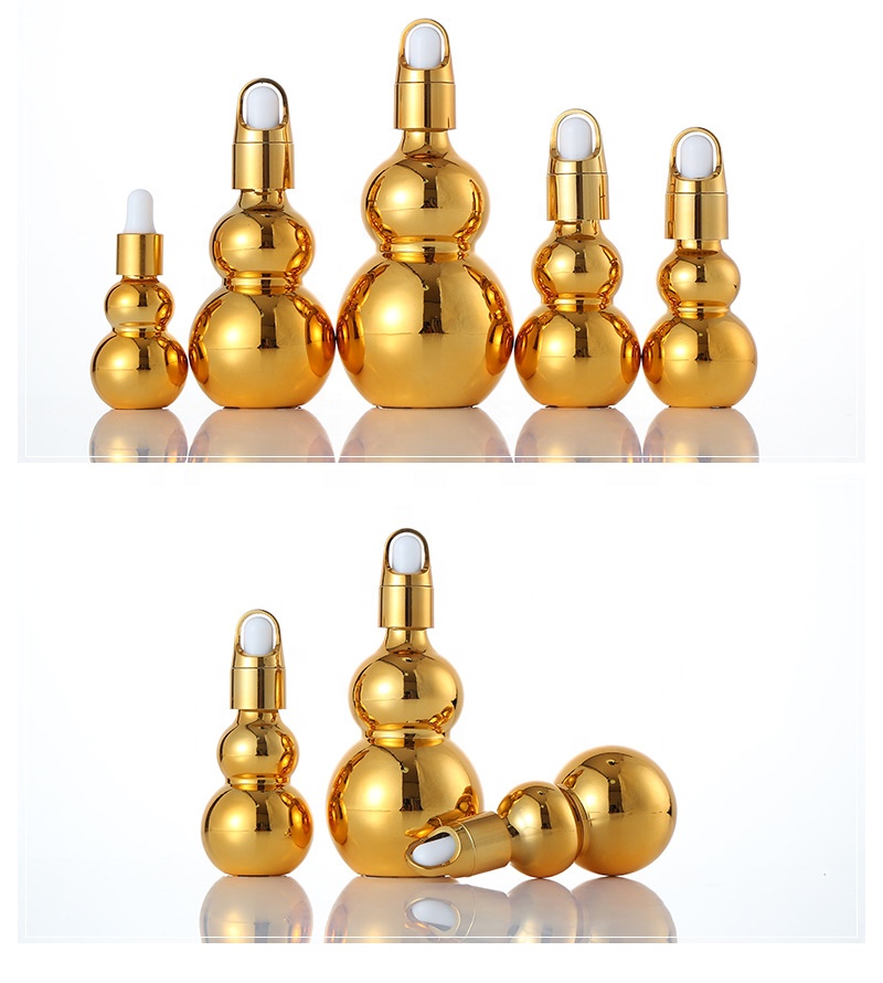10ml 20ml 30ml 50ml 100ml shiny electroplate gold Gourd Bottle Essential Oil Bottle Flower Basket Lid Glass Dropper Bottle