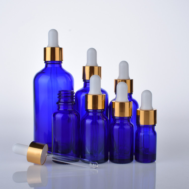 10ml 30ml 50ml 100 ml essential oil blue glass dropper bottle 30ml blue glass dropper bottle with gold cap and glass pipette