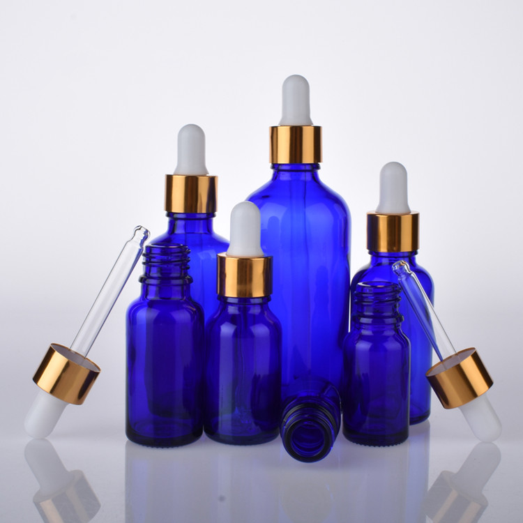 10ml 30ml 50ml 100 ml essential oil blue glass dropper bottle 30ml blue glass dropper bottle with gold cap and glass pipette