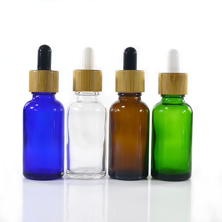 10ml 30ml 50ml 100ml e liquid essential oil amber green blue clear glass dropper bottle with bamboo cap and glass pipette
