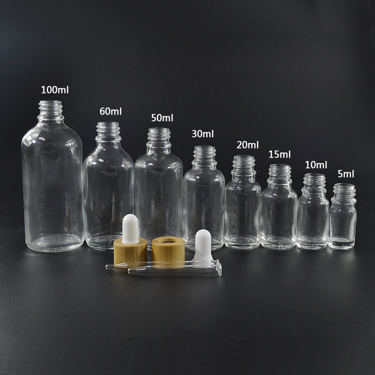 10ml 30ml 50ml 100ml e liquid essential oil amber green blue clear glass dropper bottle with bamboo cap and glass pipette