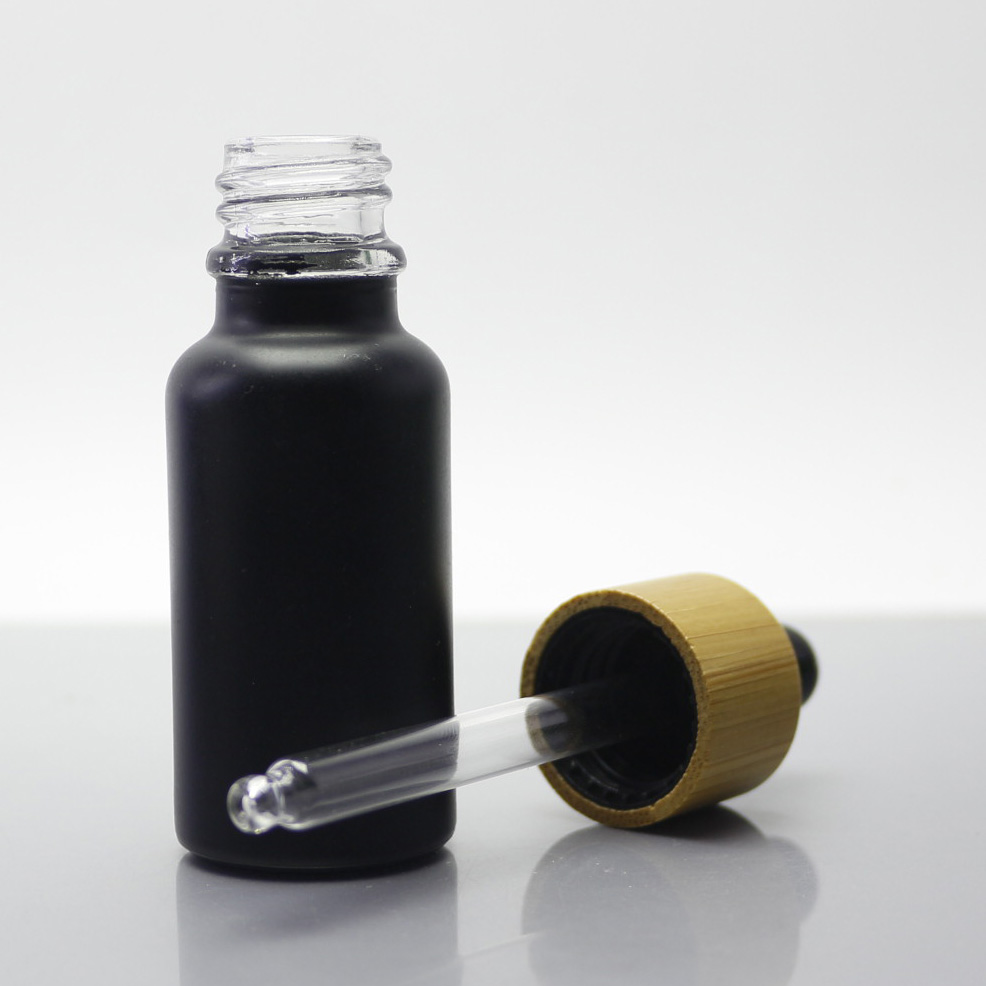 10ml 30ml 50ml frosted black coloured glass dropper essential oil bottle with bamboo cap GB-402T