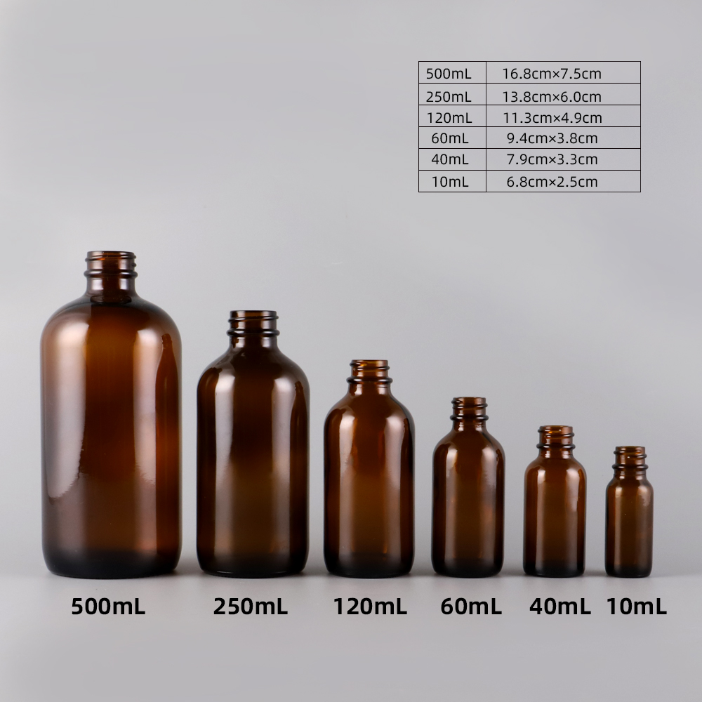 10ml 40ml 60ml 120m 250ml 500ml Empty round boston glass bottle amber glass essential oil bottle