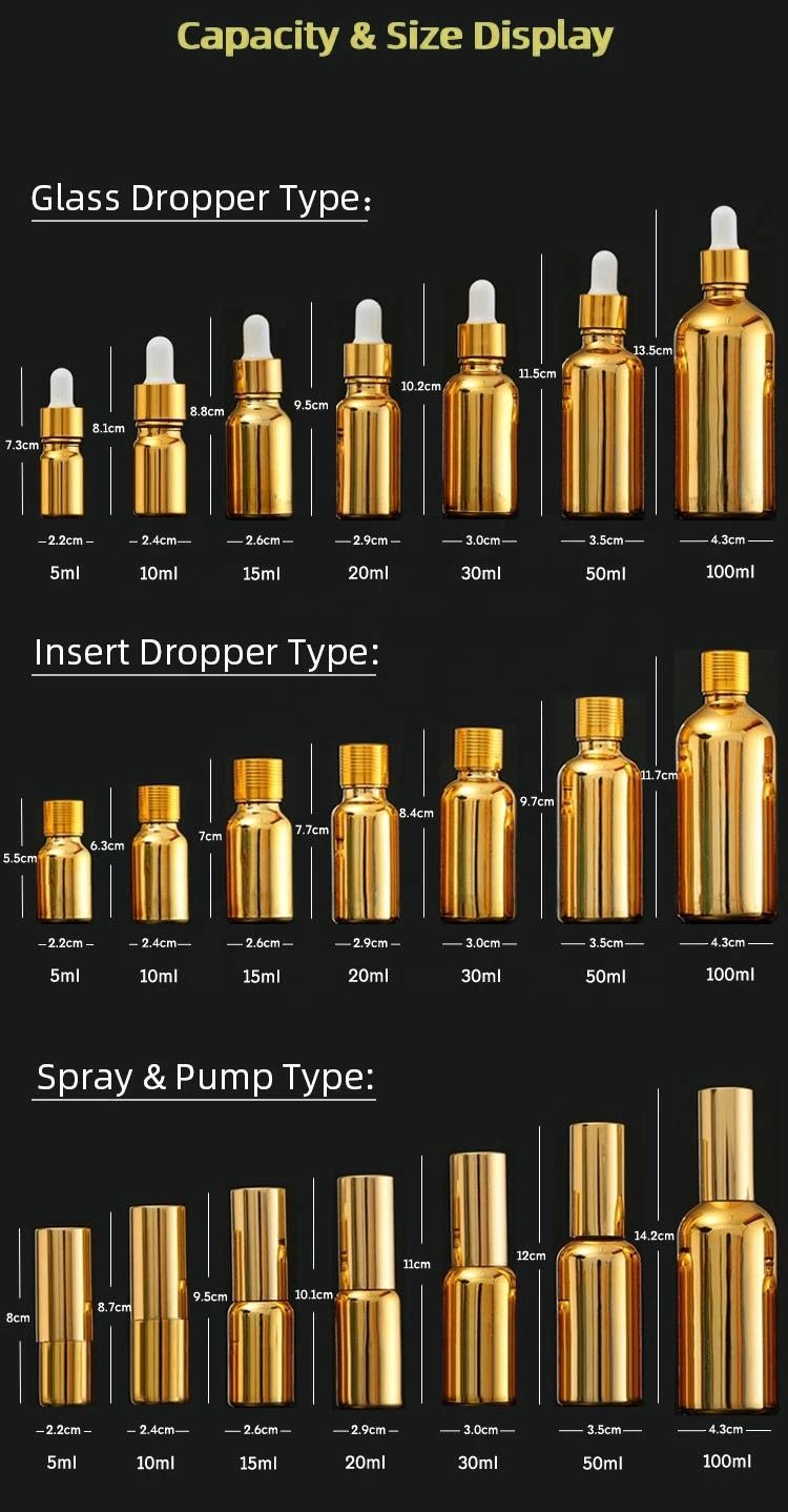10ml 50ml 100ml Spray Packaging Cosmetic Essential Oil Glass Gold Spray Bottle