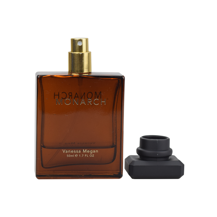10ml 50ml amber brown rectangle mold glass perfume bottle crimp gold aluminum sprayer with matte black lid