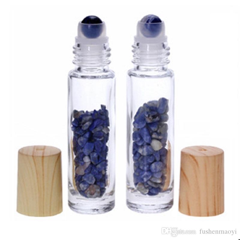 10ml Bamboo Lid Thick Clear Glass Essential Oil Roller Bottles with Healing Gemstone Chips Inside