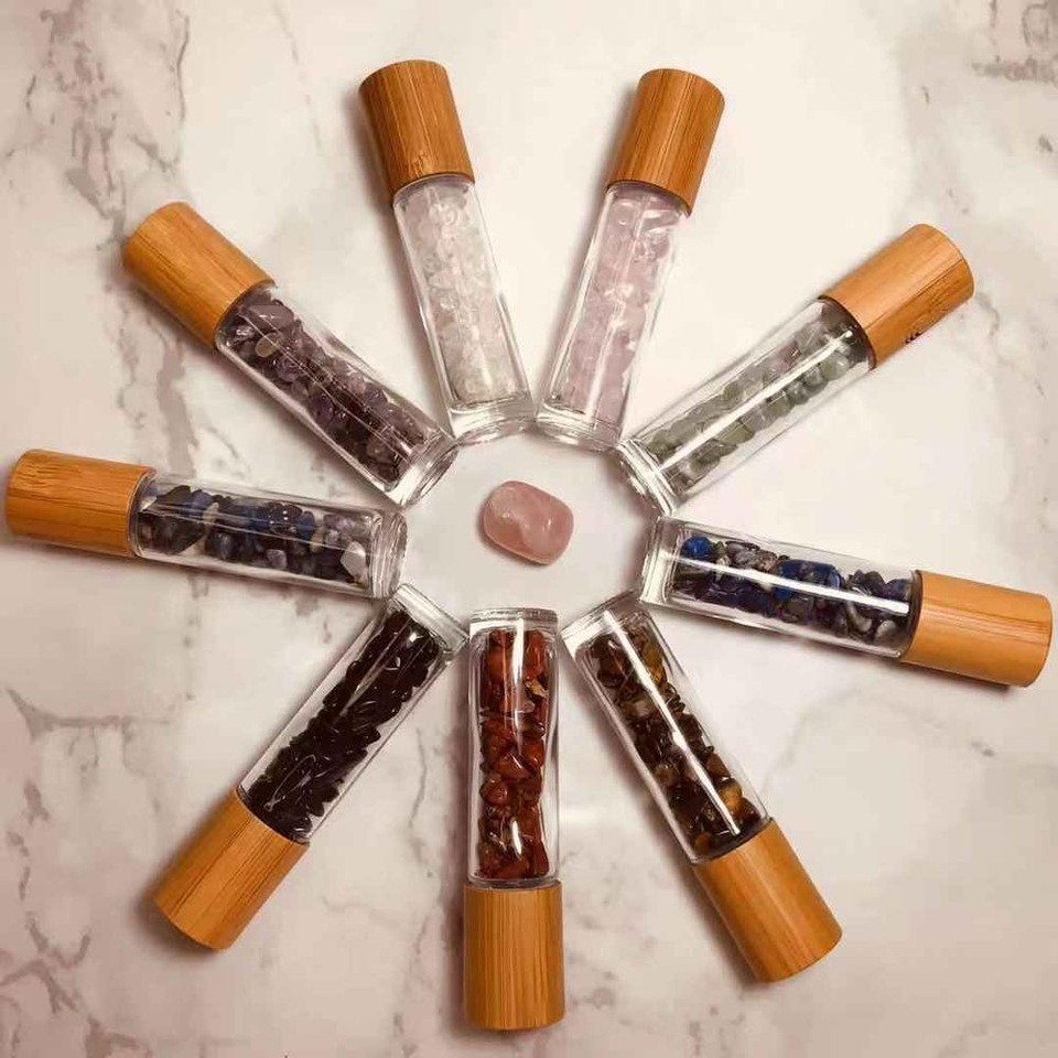 10ml Bamboo Lid Thick Clear Glass Essential Oil Roller Bottles with Healing Gemstone Chips Inside