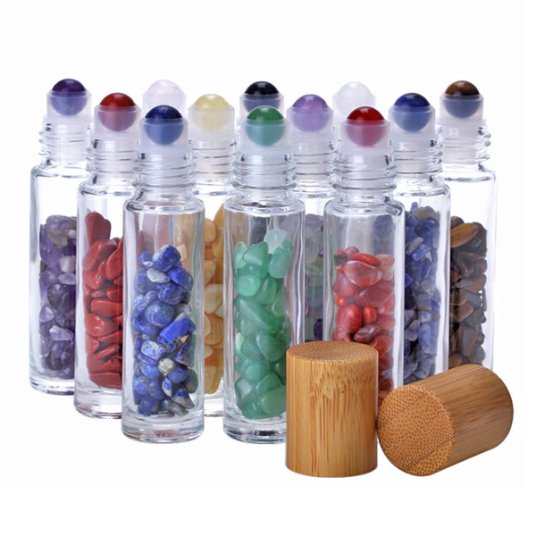 10ml Bamboo Lid Thick Clear Glass Essential Oil Roller Bottles with Healing Gemstone Chips Inside