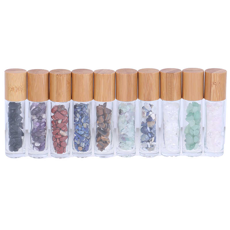 10ml Bamboo Lid Thick Clear Glass Essential Oil Roller Bottles with Healing Gemstone Chips Inside