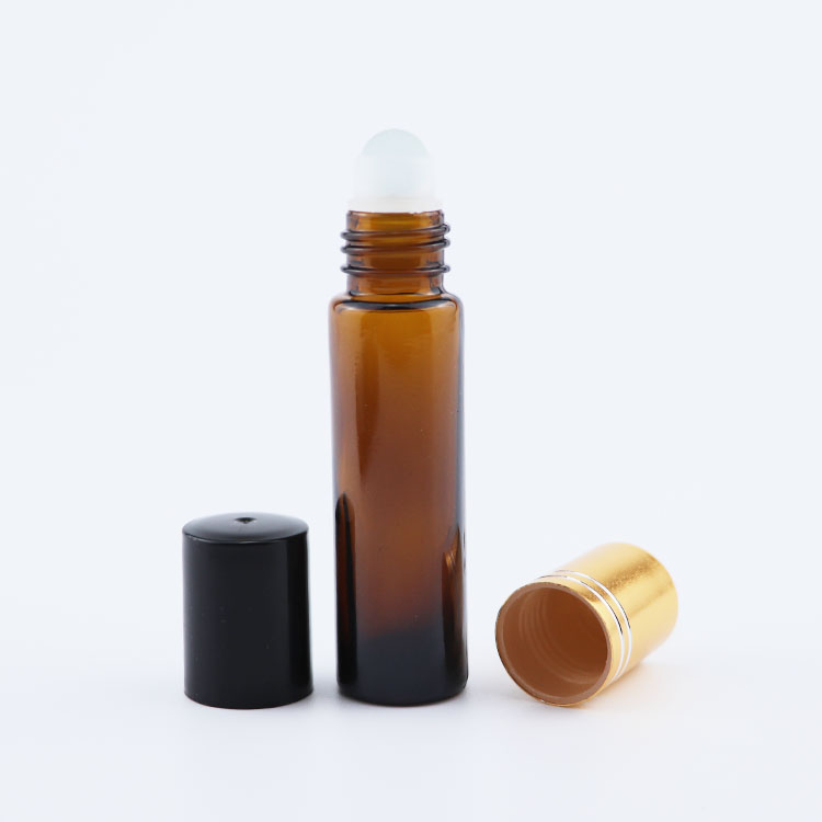 10ml Brown Amber coffee Empty Refillable glass Stainless Steel Metal Roller Ball Roll on Glass Bottles with black plastic cap