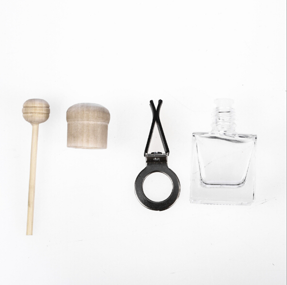 10ml Clear Flat Square Empty Car Hanging Diffuser Glass Perfume Bottle with Wooden Cap for Air Freshener