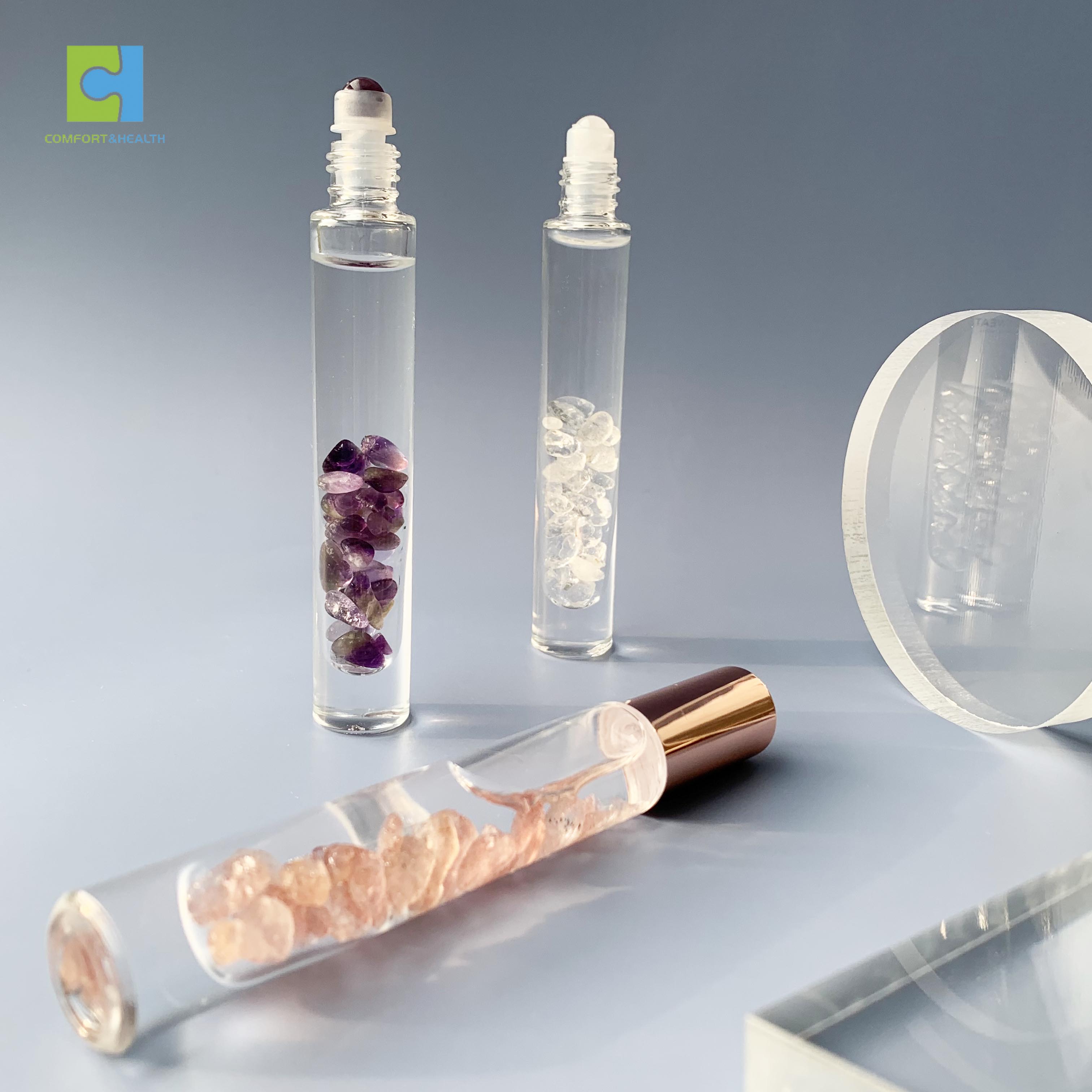 10ml Crystal Rollerball Essential Oil Perfume Glass Bottle With Natural Rose Quartz Tiger Eye Red Jasper