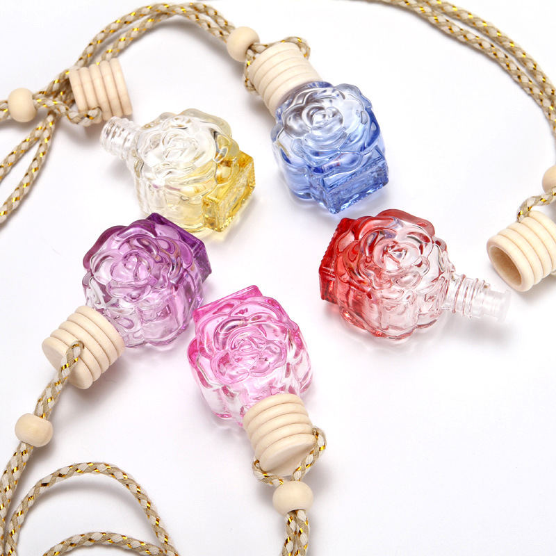10ml Empty Color Rose Shaped Car Hanging Diffuser Bottle Glass Perfume Bottles for Air Freshener