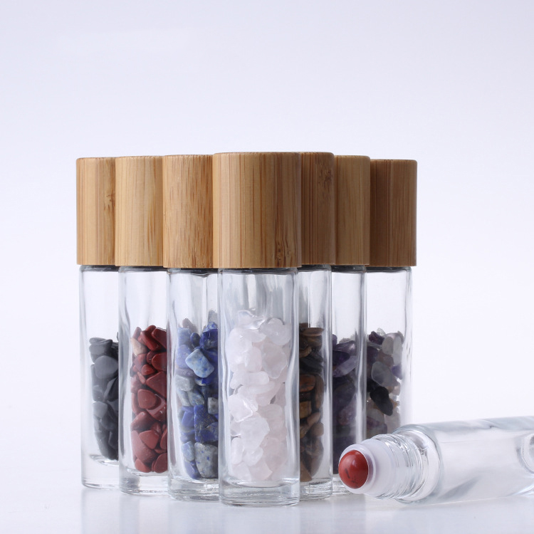 10ml Glass Essential Oil Roll On Bottle Crystal Gemstone Roller Bottle with Bamboo Lid