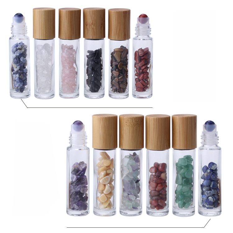 10ml Glass Essential Oil Roll On Bottle Crystal Gemstone Roller Bottle with Bamboo Lid