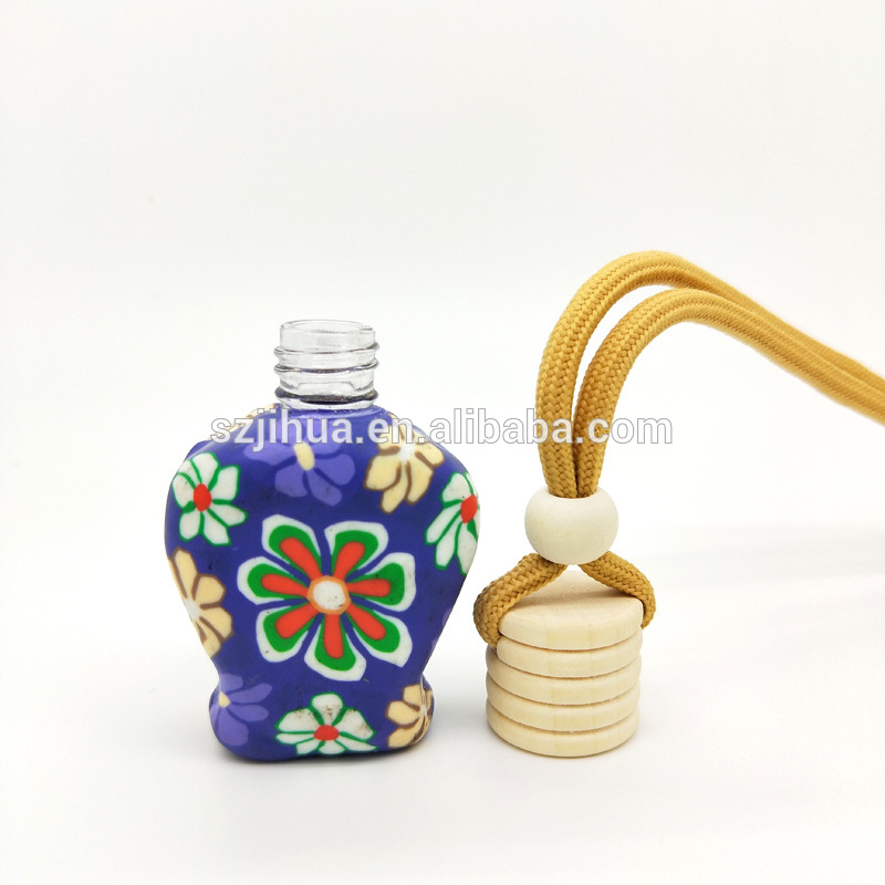10ml Heart Shape Wooden cap polymer Clay Car Pendant Soft Ceramic Hanging Car Perfume Bottle