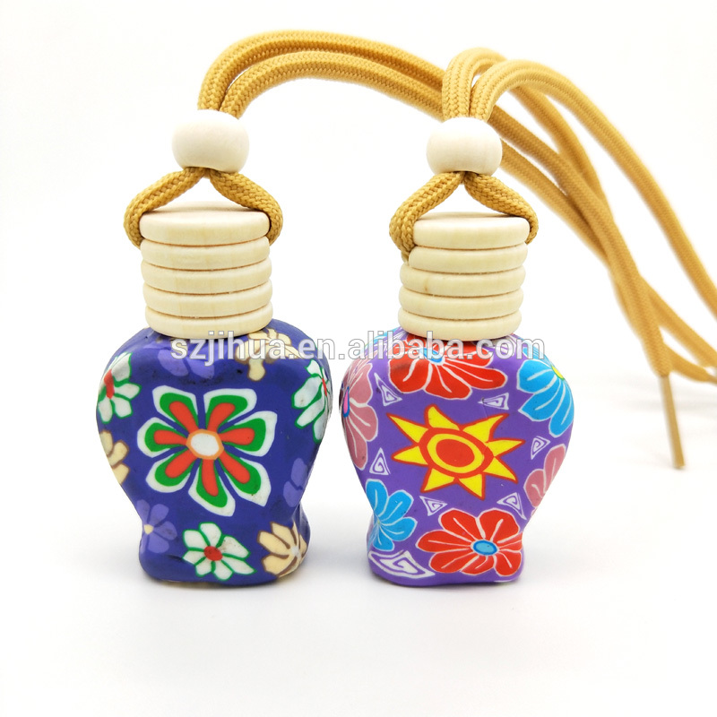 10ml Heart Shape Wooden cap polymer Clay Car Pendant Soft Ceramic Hanging Car Perfume Bottle