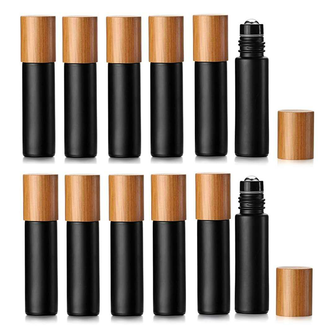 10ml In stock black perfume glass essential oil roller bottles with bamboo cap