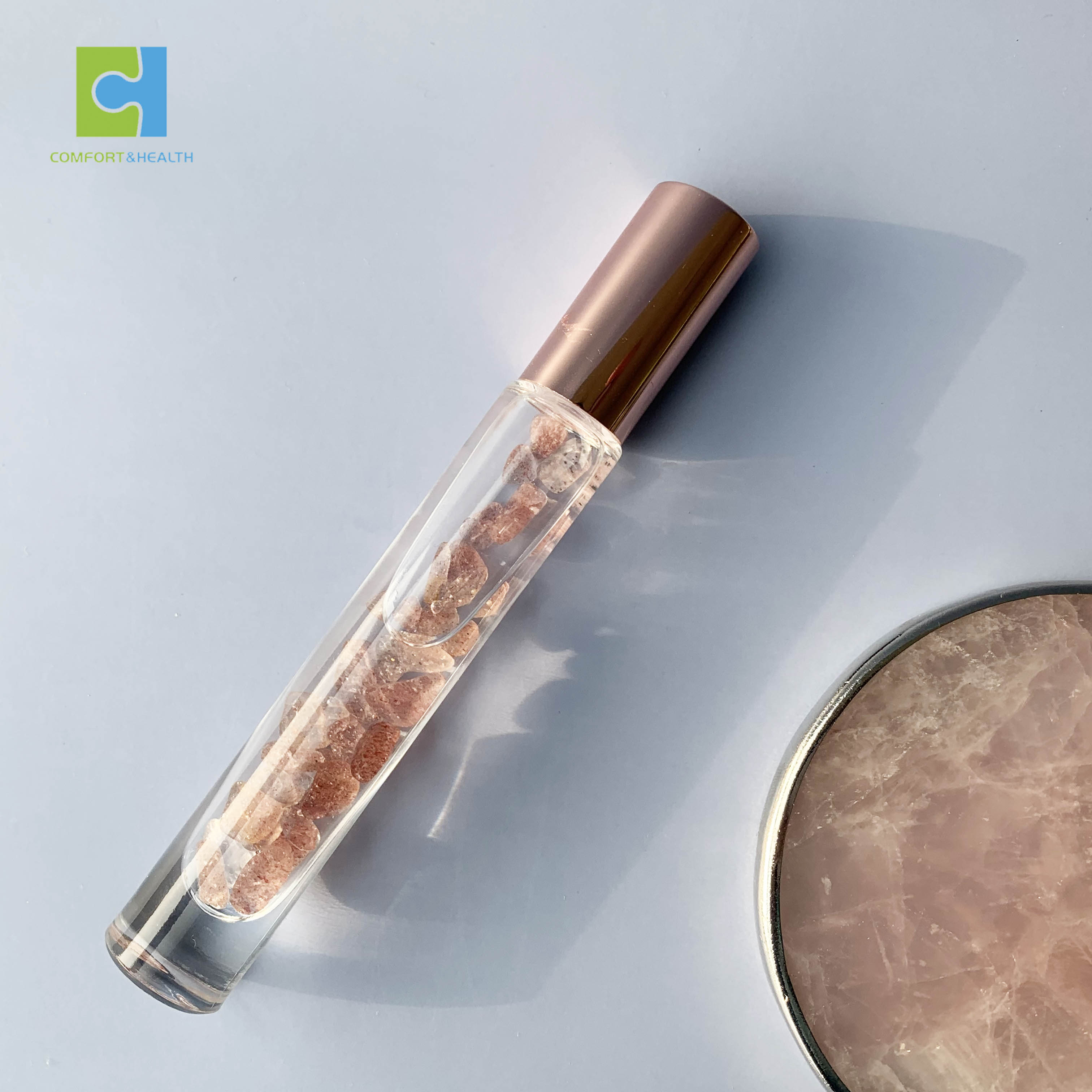 10ml Luxury Natural Gemstones Transparent Glass Crystal Chips Stones Essential Oil Roller Ball Bottle With Bamboo Lids