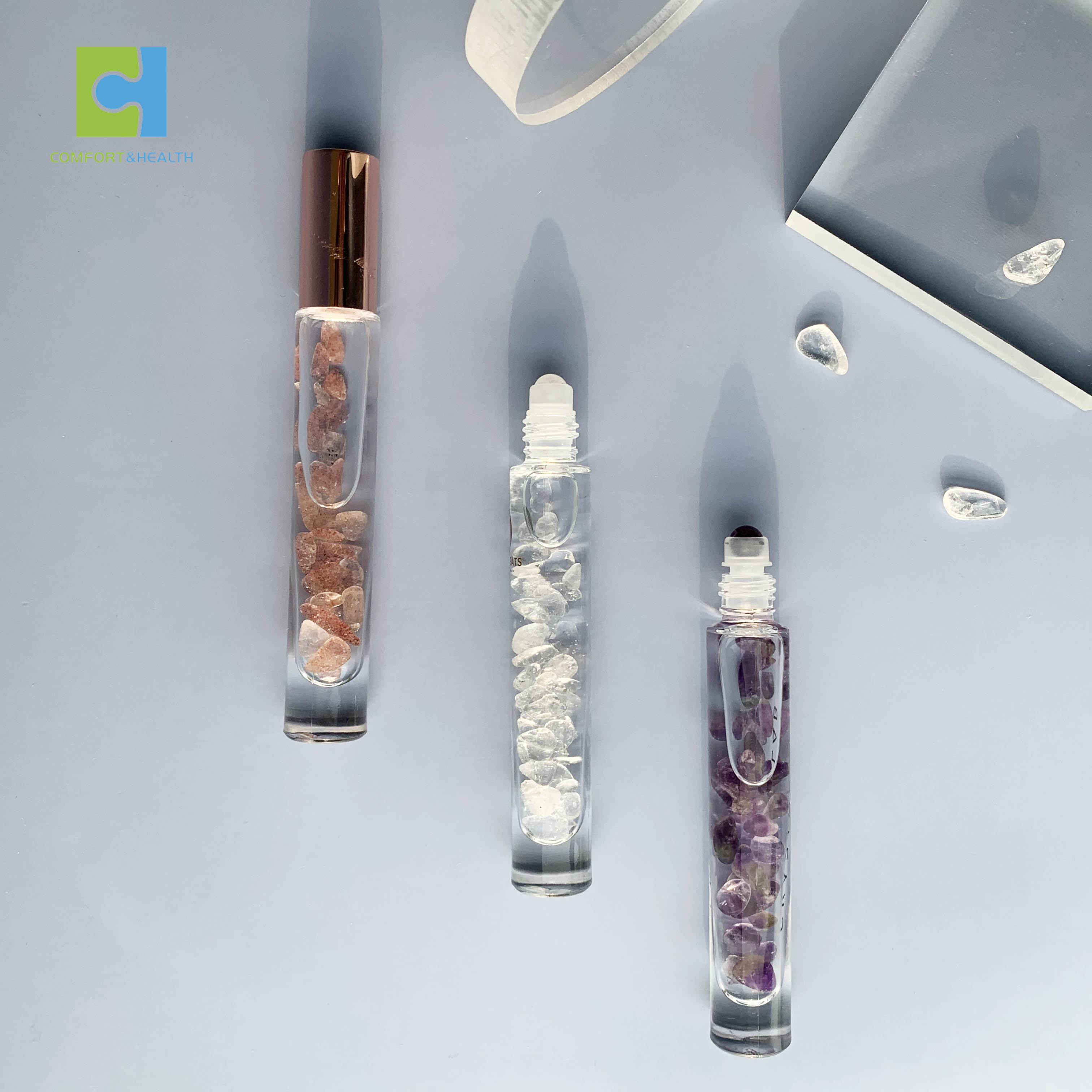 10ml Luxury Natural Gemstones Transparent Glass Crystal Chips Stones Essential Oil Roller Ball Bottle With Bamboo Lids