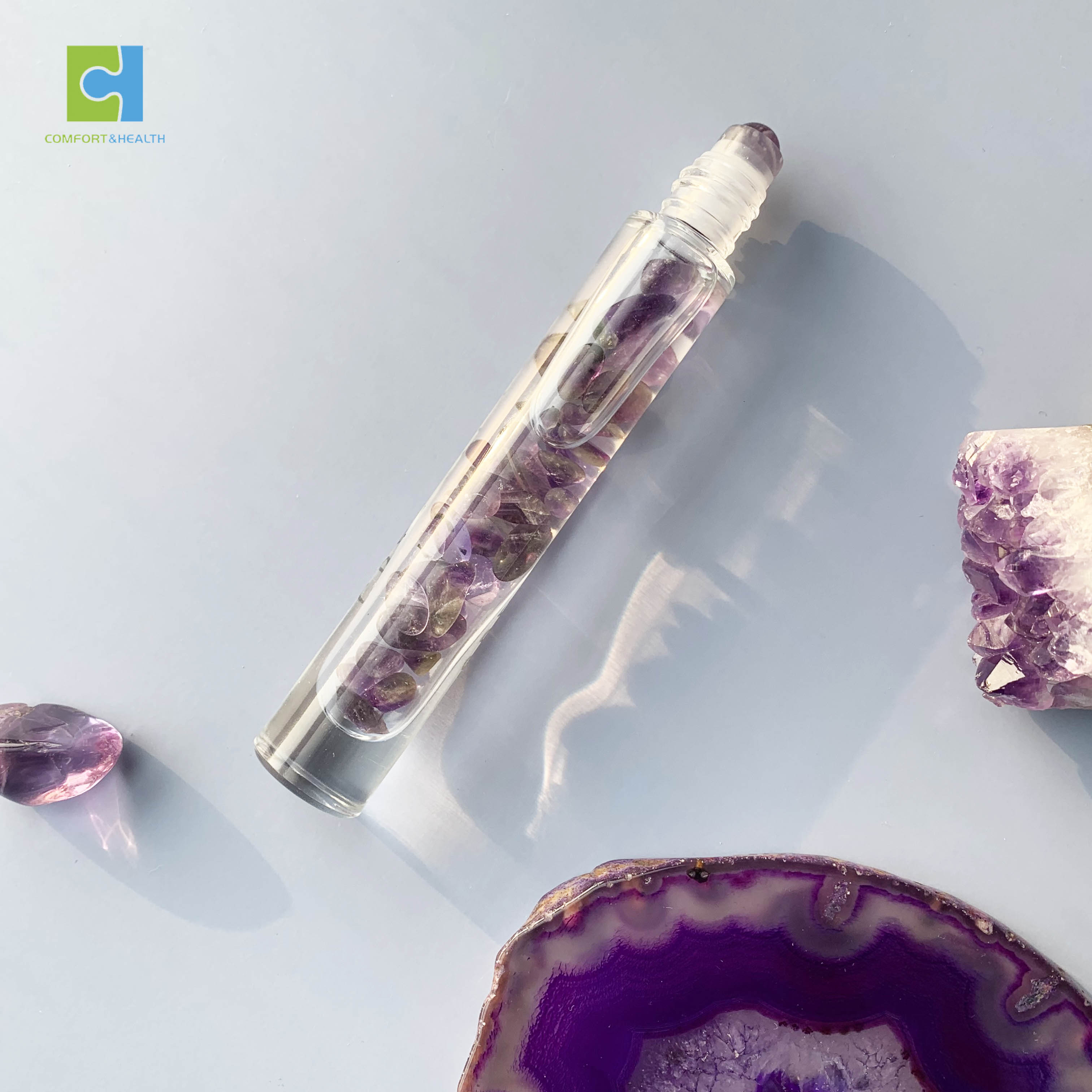 10ml Luxury Natural Gemstones Transparent Glass Crystal Chips Stones Essential Oil Roller Ball Bottle With Bamboo Lids