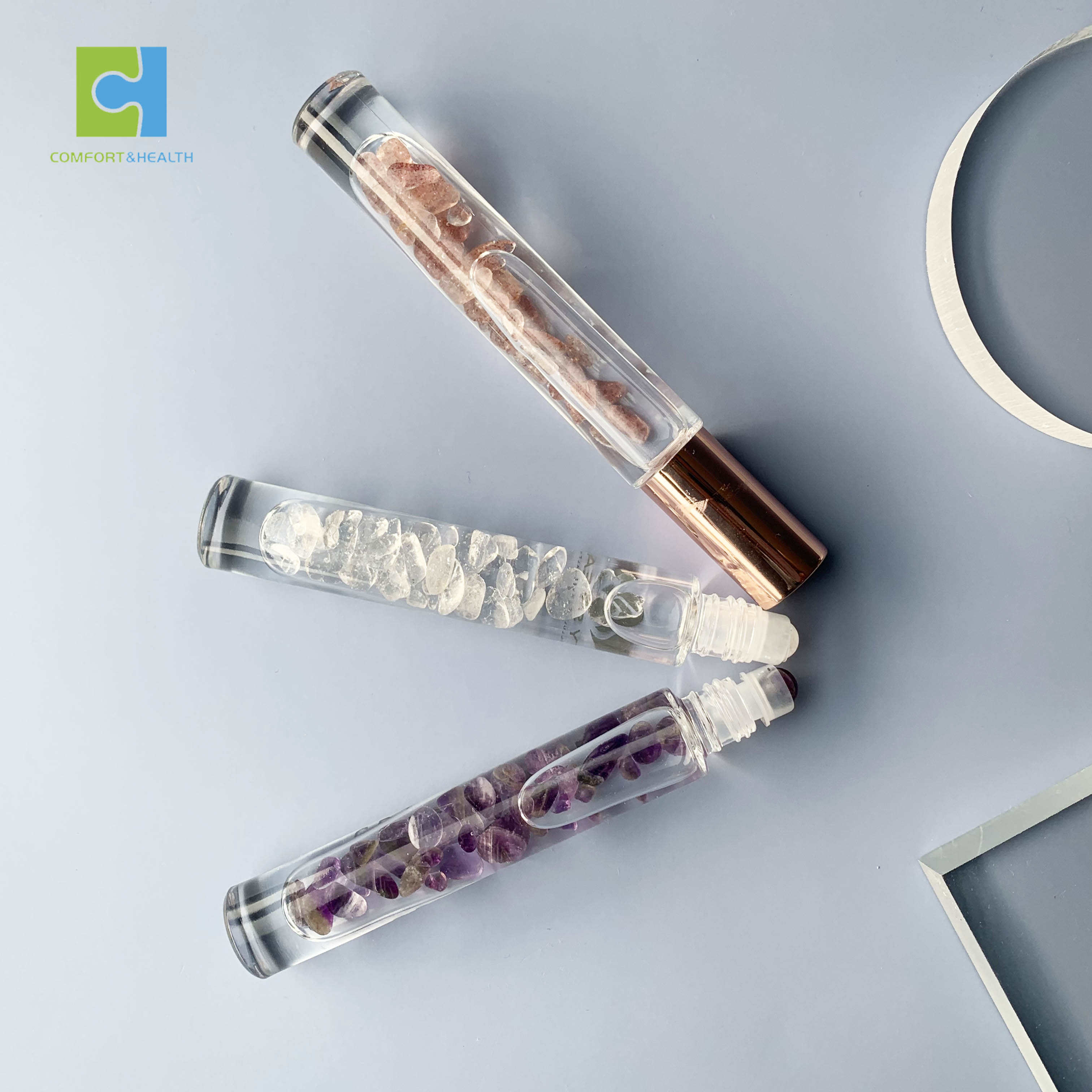 10ml Luxury Natural Gemstones Transparent Glass Crystal Chips Stones Essential Oil Roller Ball Bottle With Bamboo Lids