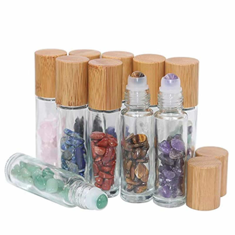10ml Roll On Bottle For Essential Oils Clear Glass Roller Bottles With Bamboo lids Natural Crystal Gemstone Roller Balls Top