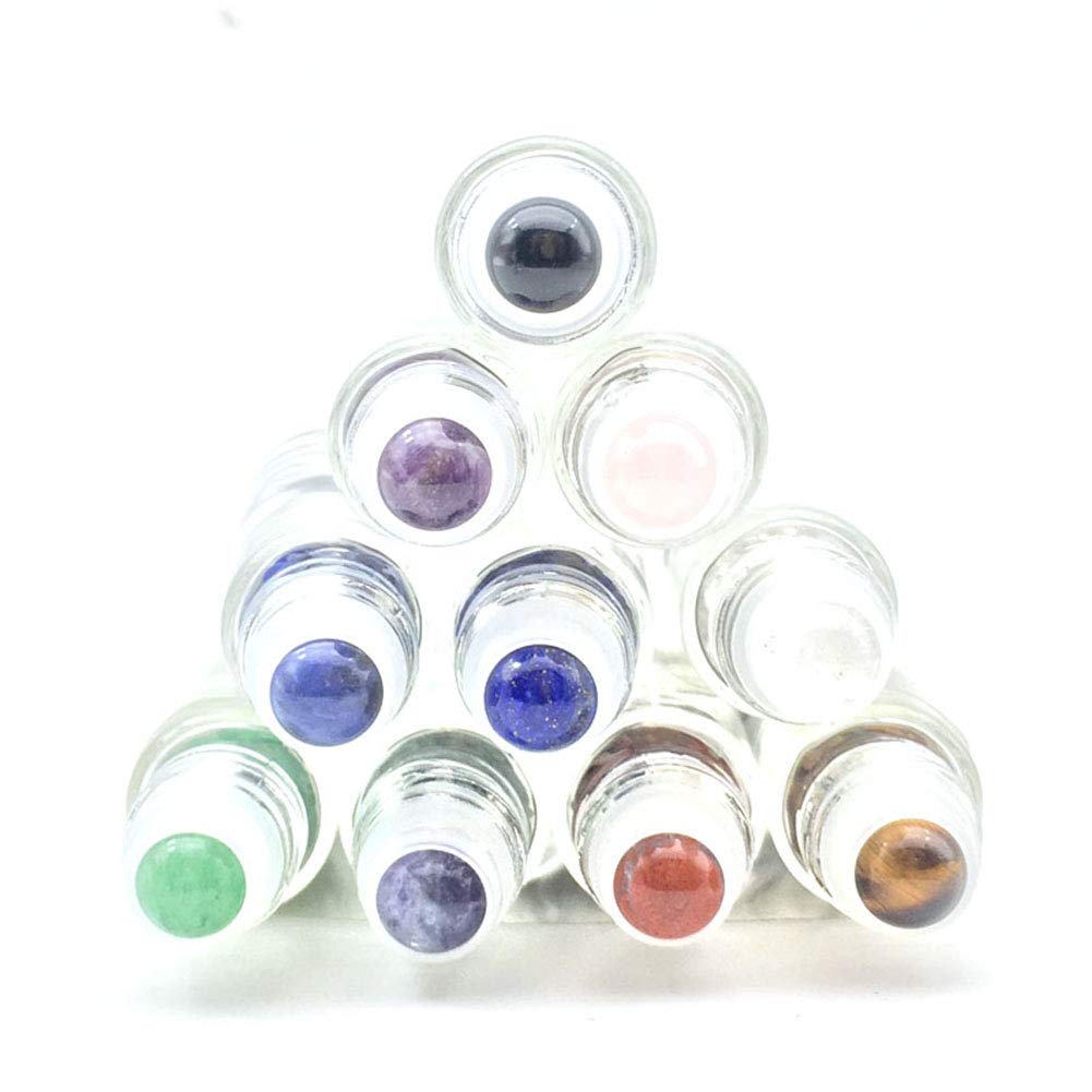 10ml Roll On Bottle For Essential Oils Clear Glass Roller Bottles With Bamboo lids Natural Crystal Gemstone Roller Balls Top