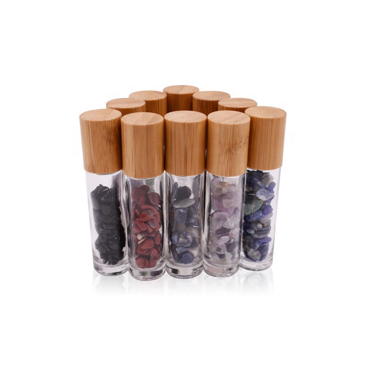 10ml Roll On Bottle For Essential Oils With Crystal Gemstone Roller Balls Top and Bamboo Lid