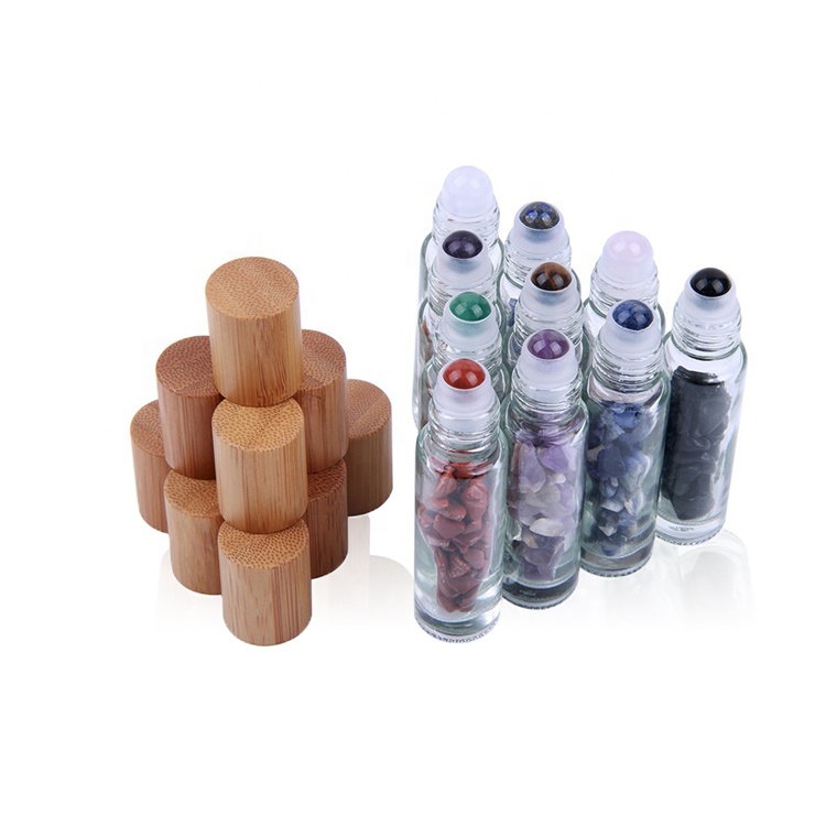10ml Roll On Bottle For Essential Oils With Crystal Gemstone Roller Balls Top and Bamboo Lid