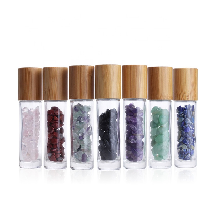10ml Roll On Bottle For Essential Oils With Crystal Gemstone Roller Balls Top and Bamboo Lid
