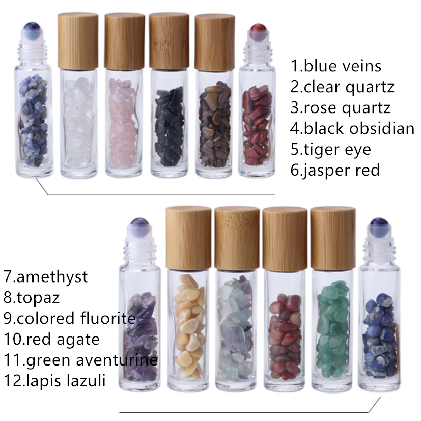 10ml Roll On Bottle For Essential Oils with Bamboo lids, Clear Glass Roller Bottles With Crystal Gemstone Roller Balls Top