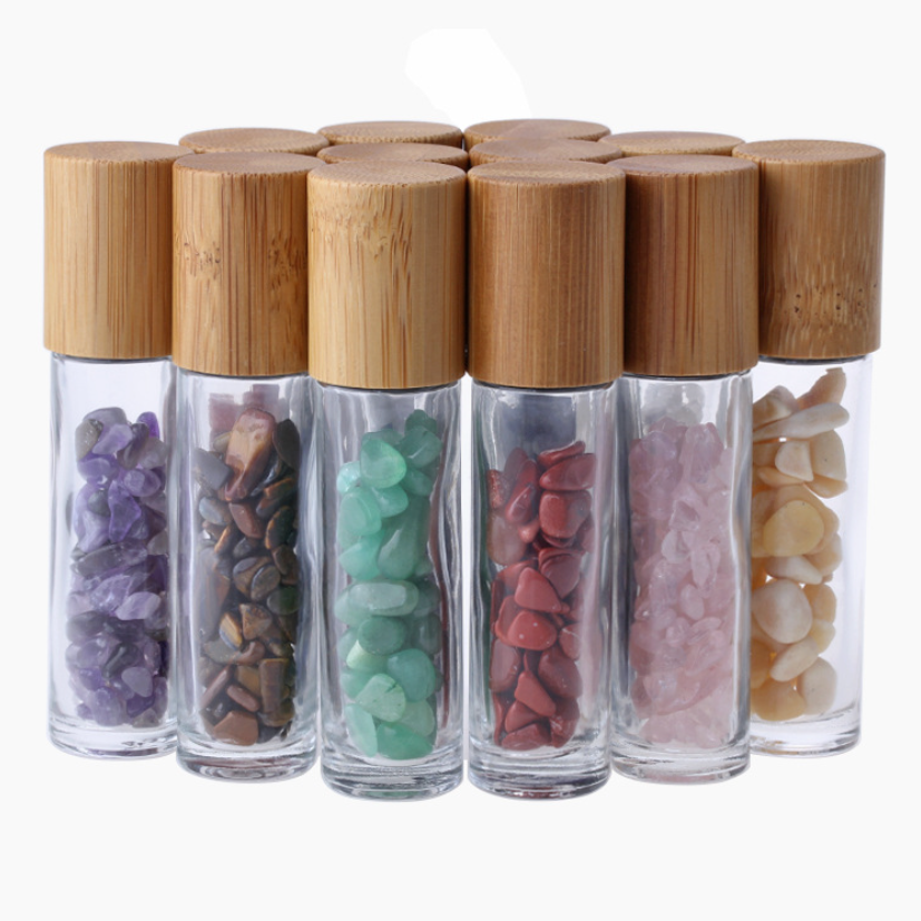10ml Roll On Bottle For Essential Oils with Bamboo lids, Clear Glass Roller Bottles With Crystal Gemstone Roller Balls Top