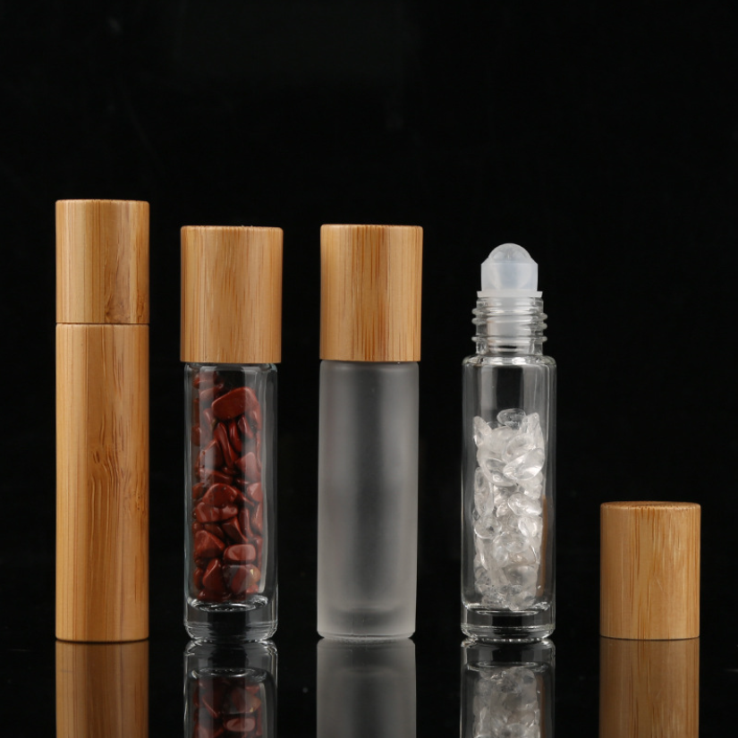 10ml Roll On Bottle For Essential Oils with Bamboo lids, Clear Glass Roller Bottles With Crystal Gemstone Roller Balls Top