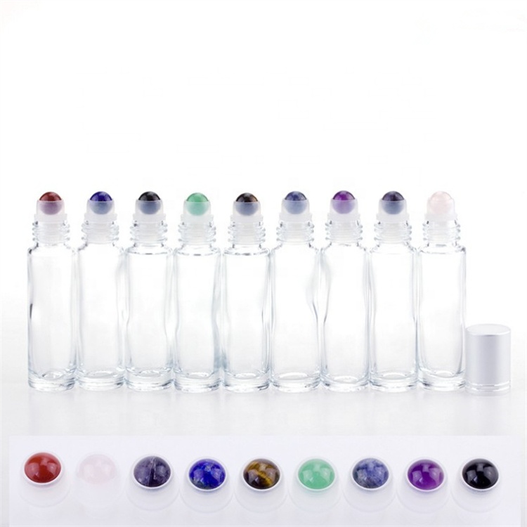 10ml Round Clear Beauty Makeup Essential Oil Glass Roll on Bottles with Colored Stone Roller