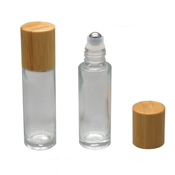 10ml Transparent Refillable Glass Essential Oil Roll on Bottle with Steel Roller Ball and Bamboo Lid