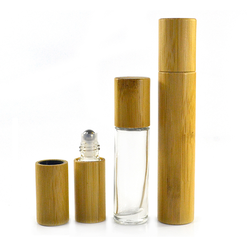 10ml Transparent Refillable Glass Essential Oil Roll on Bottle with Steel Roller Ball and Bamboo Lid
