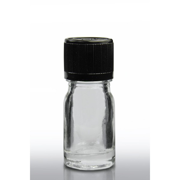 10ml amber essential oil bottle with black temper evident and child resistant dropper cap