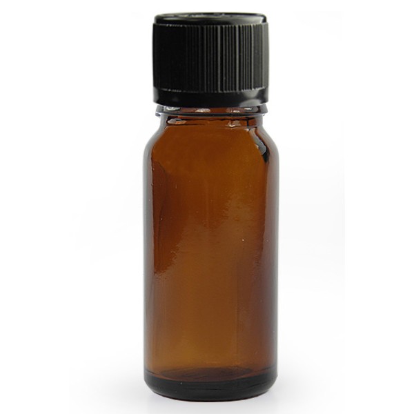 10ml amber essential oil bottle with black temper evident and child resistant dropper cap