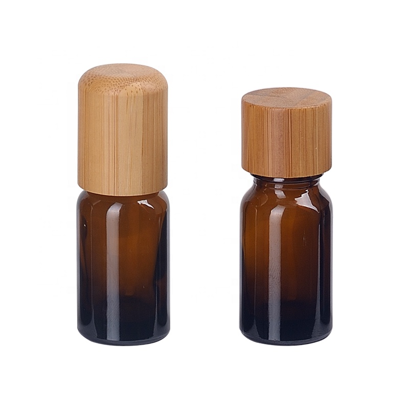10ml amber glass essential oil bottle empty cosmetic brown glass bottle with 18mm bamboo wooden screw cap for essential oil