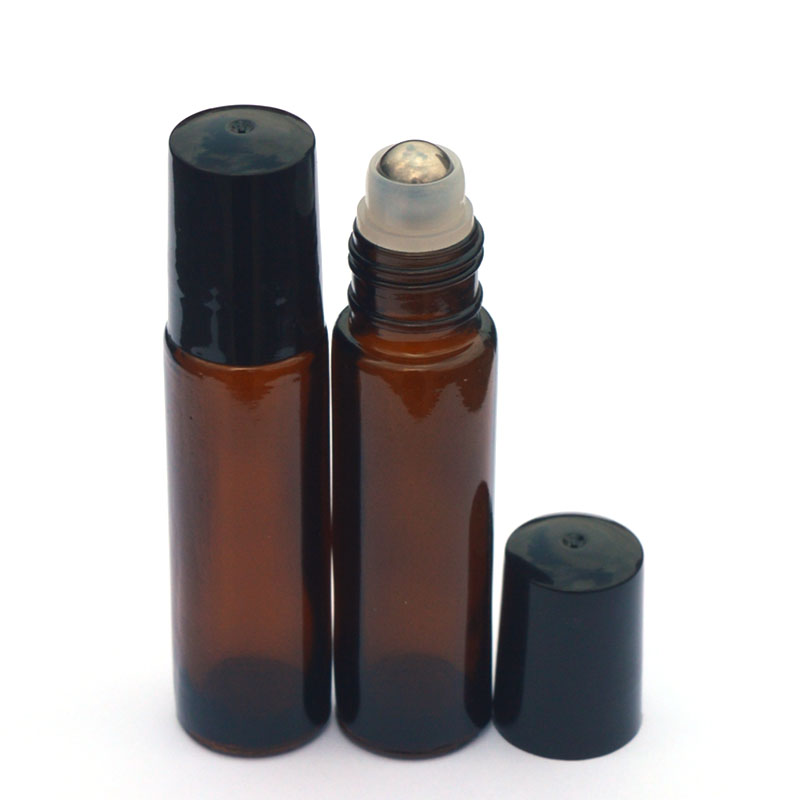 10ml amber glass roll on essential oil  bottle with stainless steel roller and black plastic lid