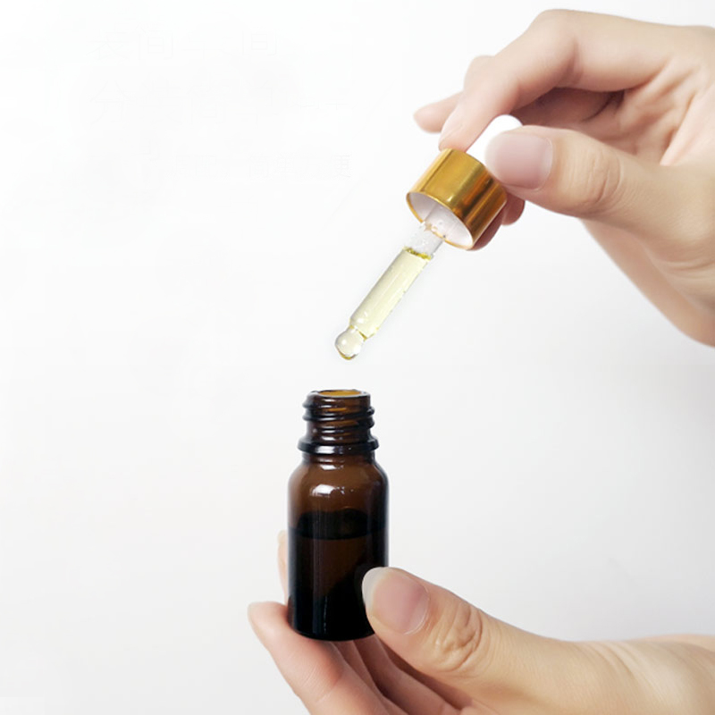 10ml amber leakproof glass dropper bottle for serum tinctures essential oil testing vial with child proof golden aluminum lid