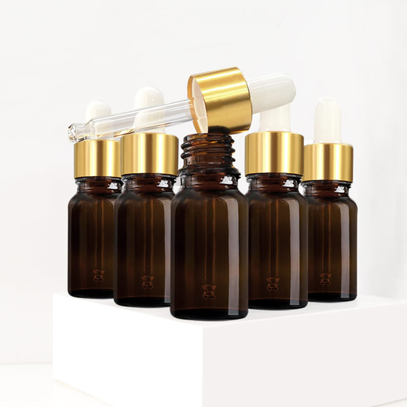 10ml amber leakproof glass dropper bottle for serum tinctures essential oil testing vial with child proof golden aluminum lid