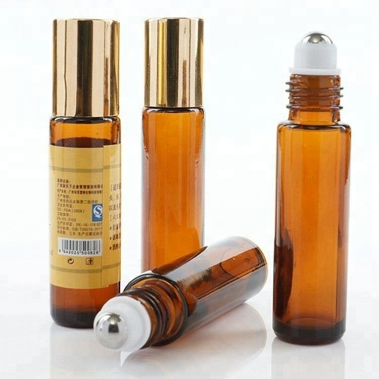 10ml amber roll on essential oil perfume glass bottle aluminum lid in stock