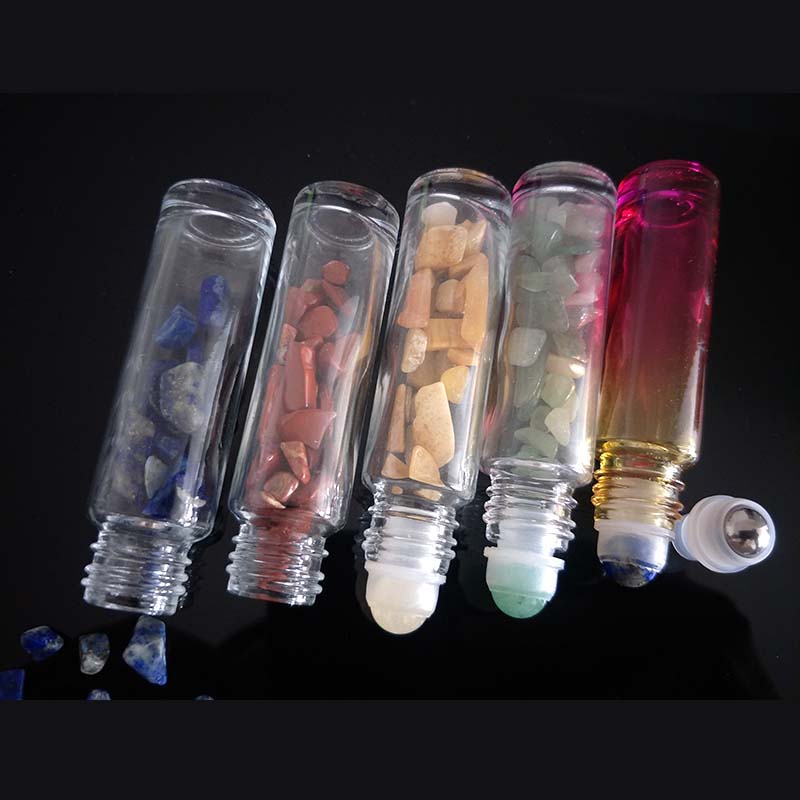 10ml ball gemstone roller essential oil glass bottle with gemstone chips inside