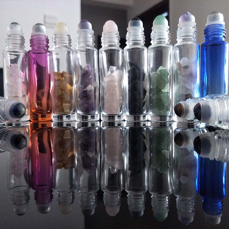 10ml ball gemstone roller essential oil glass bottle with gemstone chips inside
