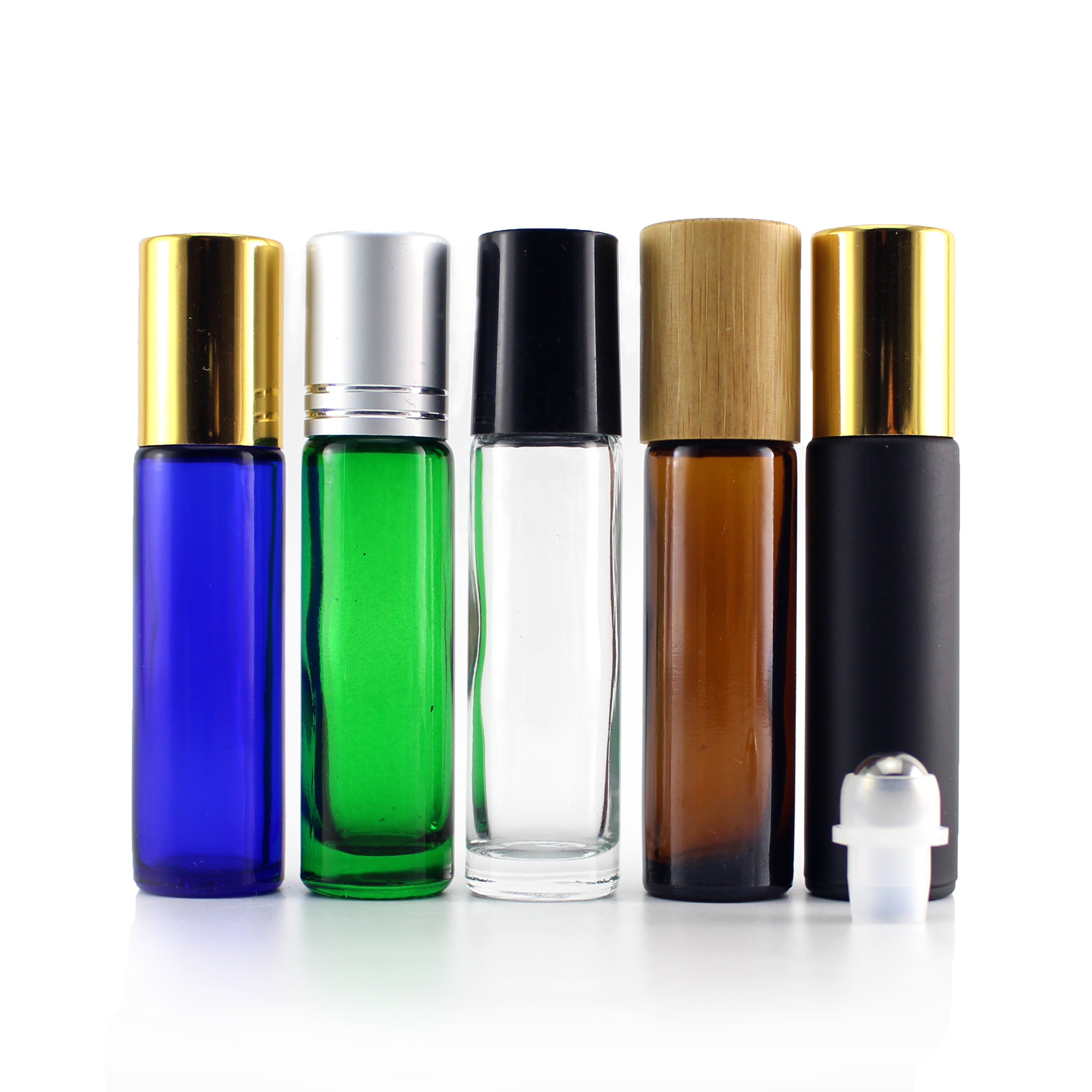 10ml clear black blue green frosted glass roll on bottle perfume essential glass bottle with gold cap