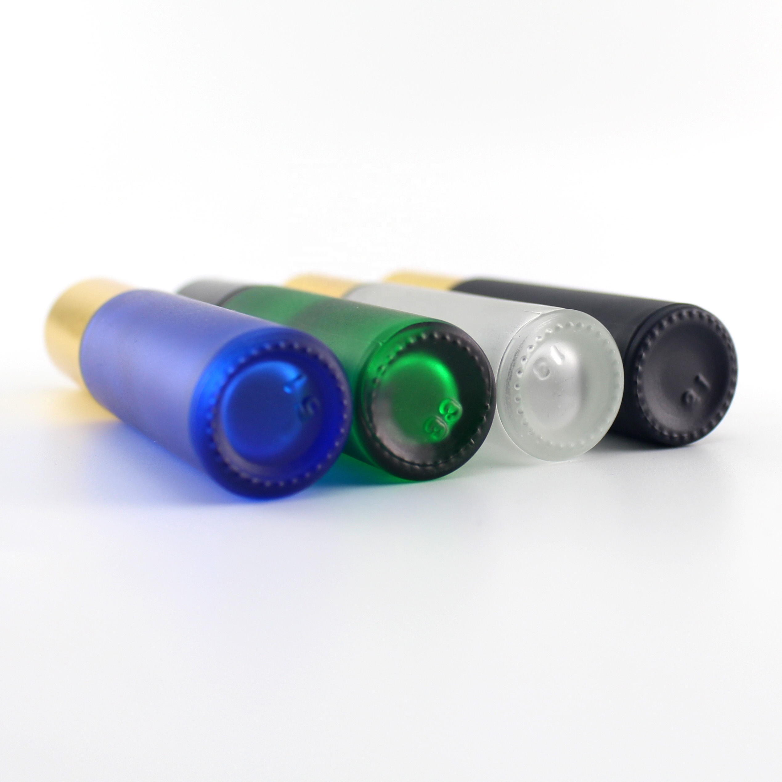 10ml clear black blue green frosted glass roll on bottle perfume essential glass bottle with gold cap