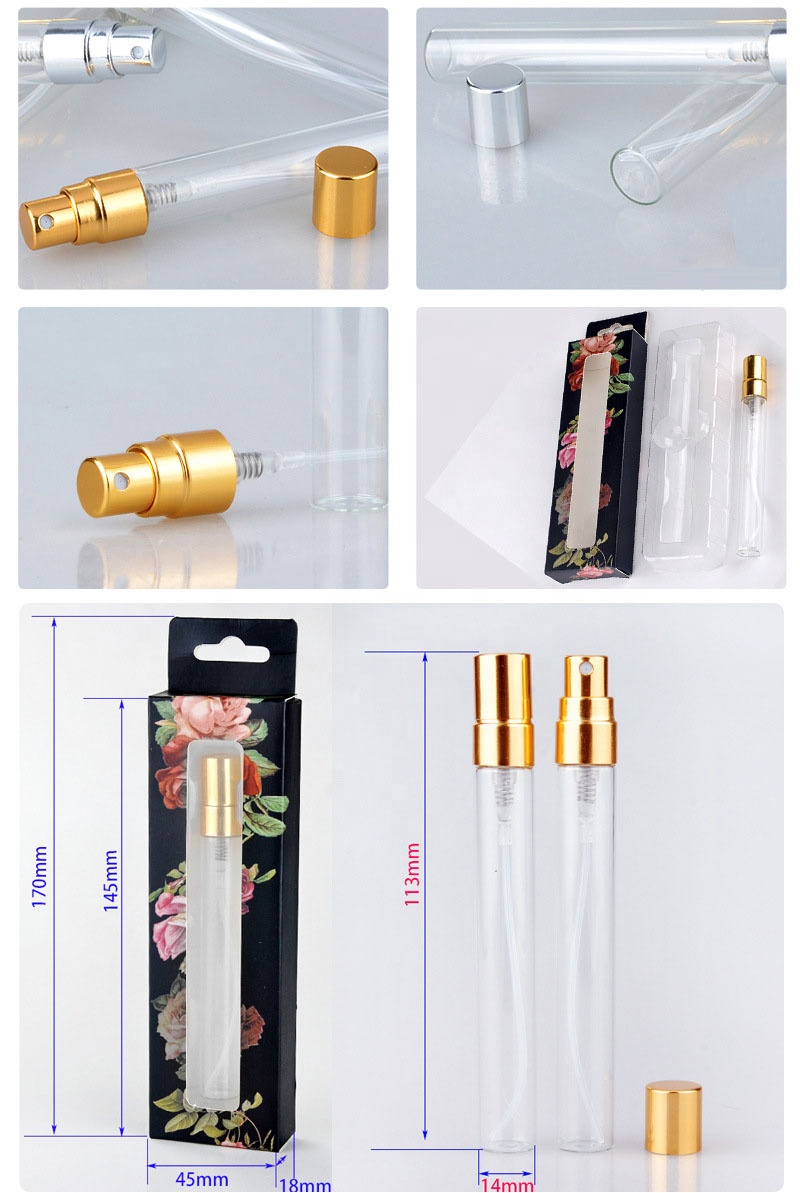 10ml clear empty mini sample perfume tube glass cosmetic spray bottle with paper box package
