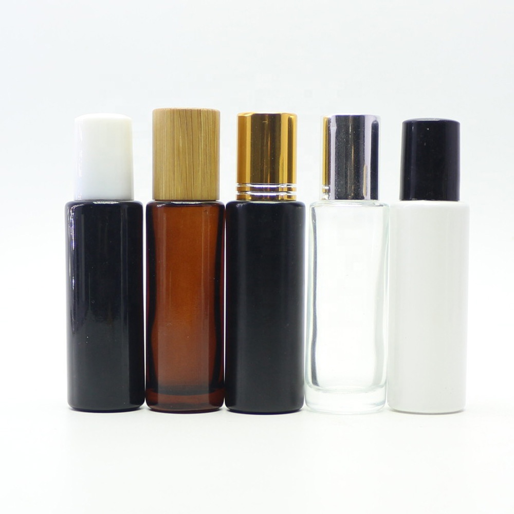 10ml clear glass deodorant roller bottle with stain steel roller ball black lid